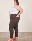 Side view of Pencil Pants in Espresso Brown and Cropped Cami in vintage tee off-white on Marielena