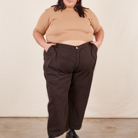Sarita is 5'7" and wearing Petite 4XL Work Pants in Espresso Brown paired with 1/2 Sleeve Turtleneck in Tan