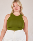 Lish is 5’8” and wearing L Racerback Tank in Summer Olive