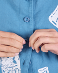 Soda Bottle Pantry Button-Up in Greek Blue close up on Madeline