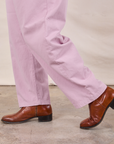 Short Sleeve Jumpsuit in Lilac pant leg close up on Miguel