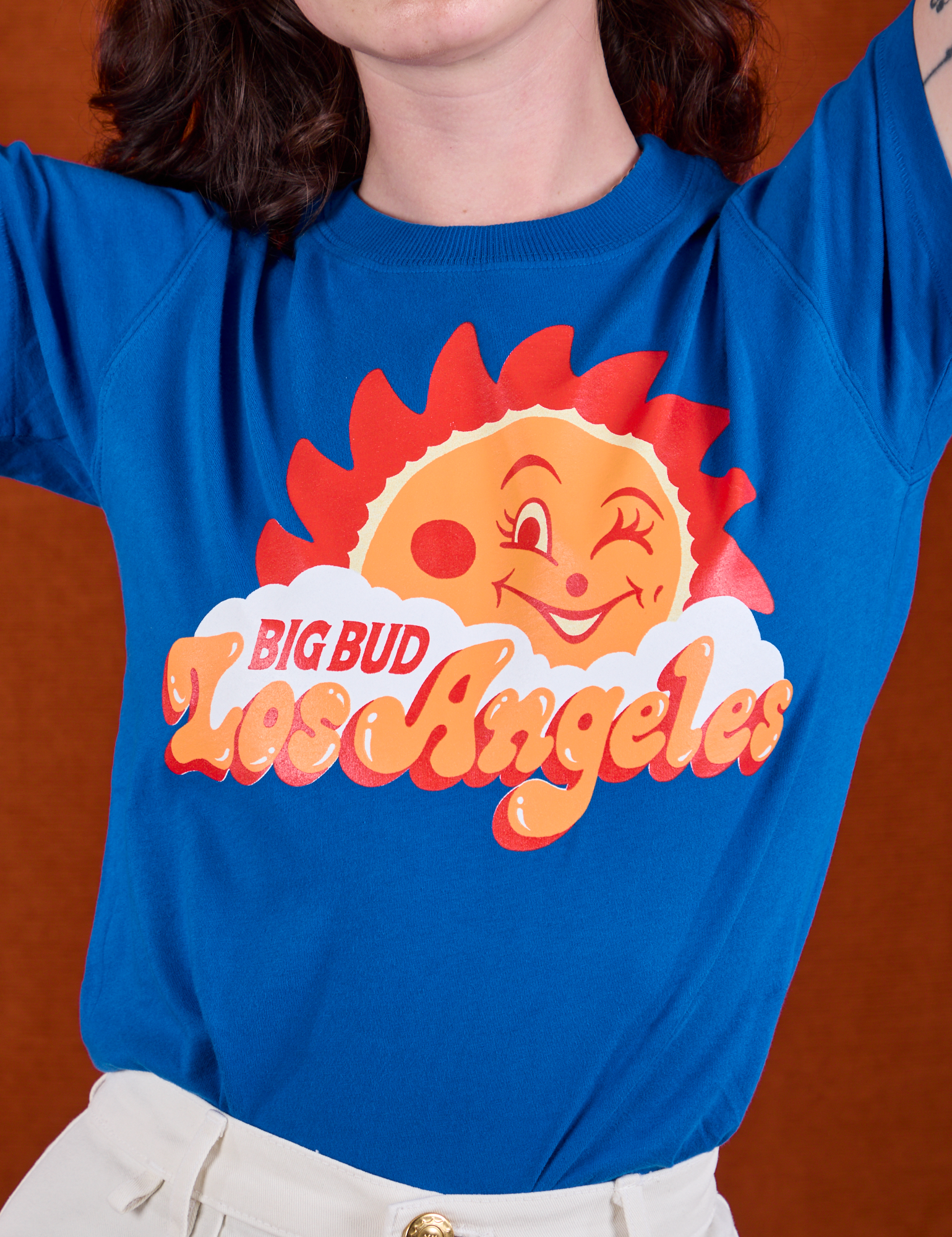 Sunny Los Angeles Tourist Tee close up on Alex