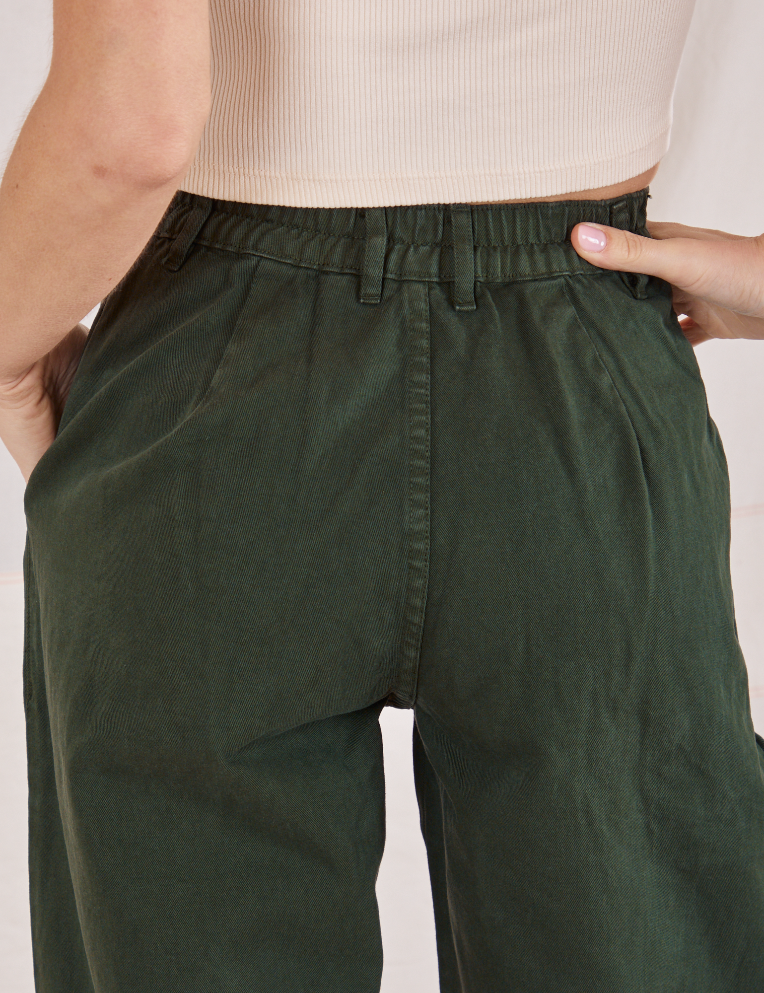 Heavyweight Trousers in Swamp Green back close up on Madeline