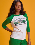 Taxi Raglan Tee in Chicago front close up on Kandia