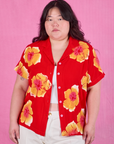 Ashley is 5'7" and wearing L Paintstamped Pantry Button-Up in Mustang Red