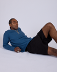 Pleated Trouser Shorts in Basic Black and Long Sleeve Burly Tee in French Blue on Jerrod