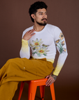Floral Long Sleeve Baby Tee in Yellow and spicy mustard Drop Pocket Cargo Pants worn by Jesse