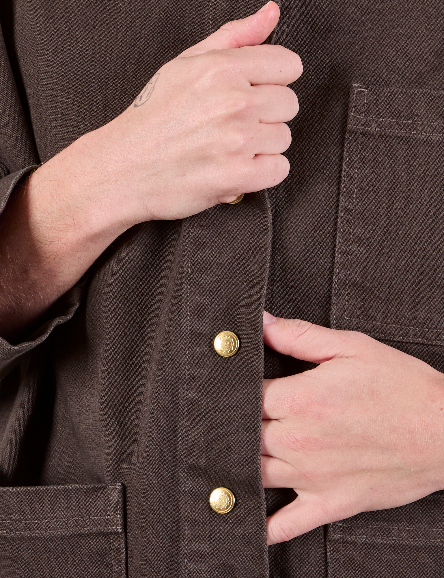 Denim Work Jacket in Espresso Brown front close up on Quinn