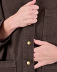 Denim Work Jacket in Espresso Brown front close up on Quinn