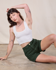 Classic Work Shorts in Swamp Green and Cropped Tank in vintage tee off-white on Alex
