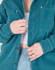 Front close up of Corduroy Overshirt in Marine Blue on Ashley