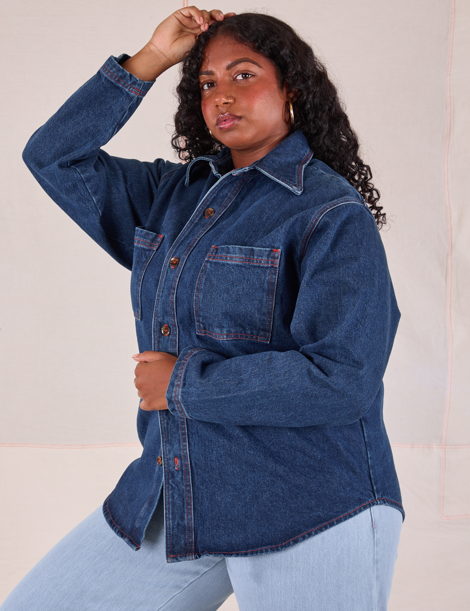 Denim Overshirt in Dark Wash side view on Meghna