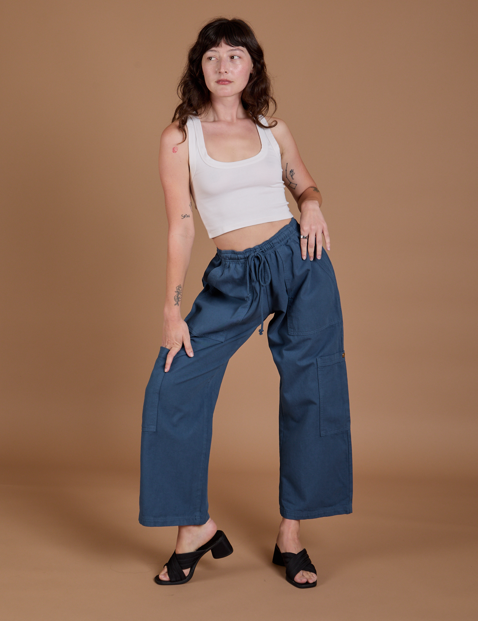Drop Pocket Cargo Pants in French Blue and Cropped Tank in vintage tee white