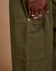 Drop Pocket Cargo Pants in Surplus Green close up of side pant leg pocket