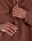 Flannel Overshirt in Fudgesicle Brown front close up on Isaac