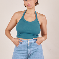 Tiara is 5'4" and wearing XS Halter Top in Marine Blue