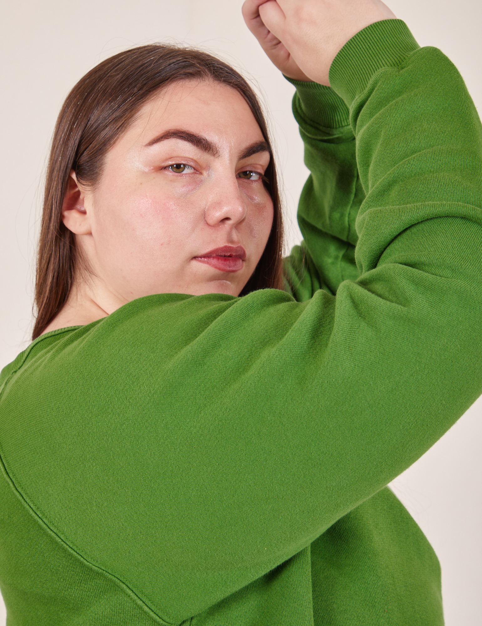 Side shoulder close up of Heavyweight Crew in Lawn Green on Marielena