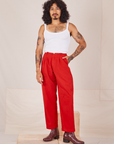 Jesse is 5'8" and wearing XXS Heavyweight Trousers in Mustang Red paired with Cropped Cami in vintage tee off-white 