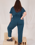 Heritage Short Sleeve Jumpsuit in Lagoon back view on Katie