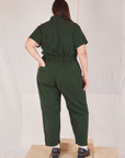 Heritage Short Sleeve Jumpsuit in Swamp Green back view on Katie