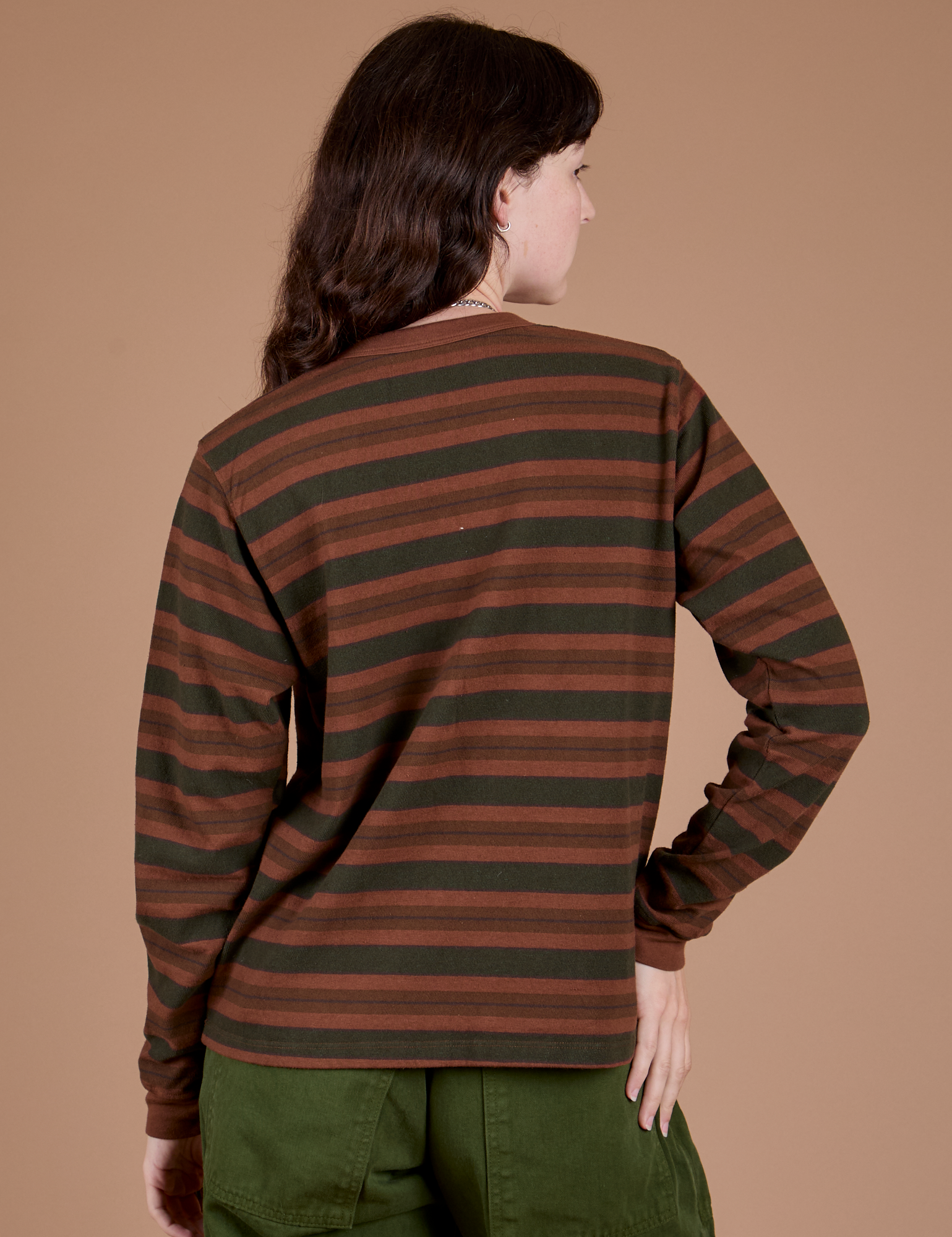 Long Sleeve Striped Burly Tee in Fudgesicle back view on Alex