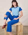 Mismatched Tee in Baby & Royal Blue and royal blue Western Pants on Alex