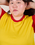Mismatched Tee in Yellow & Red front close up on Ashley
