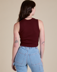 Muscle Tee in Red Wine back view on Alex