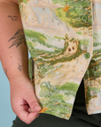 Pantry Button-Up in Ocean and Sky bottom hem close up on Juliet