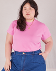 Ashley is wearing Organic Vintage Tee in Bubblegum Pink tucked into dark wash Trouser Jeans