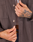 Front close up of Oversize Overshirt in Espresso Brown worn by Jesse