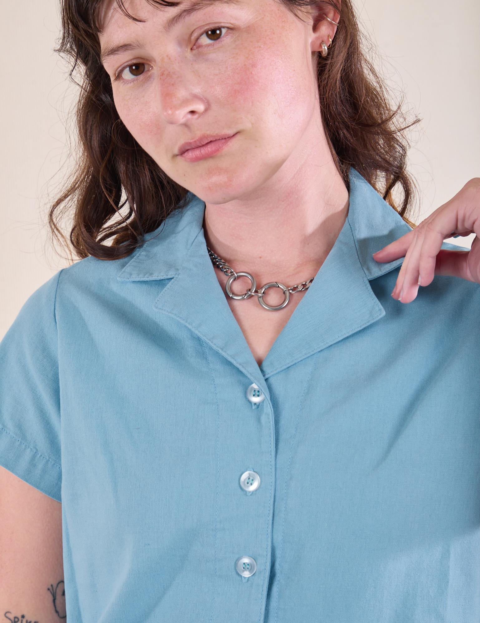 Pantry Button-Up in Baby Blue front close up on Alex