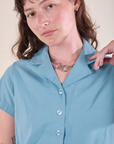 Pantry Button-Up in Baby Blue front close up on Alex
