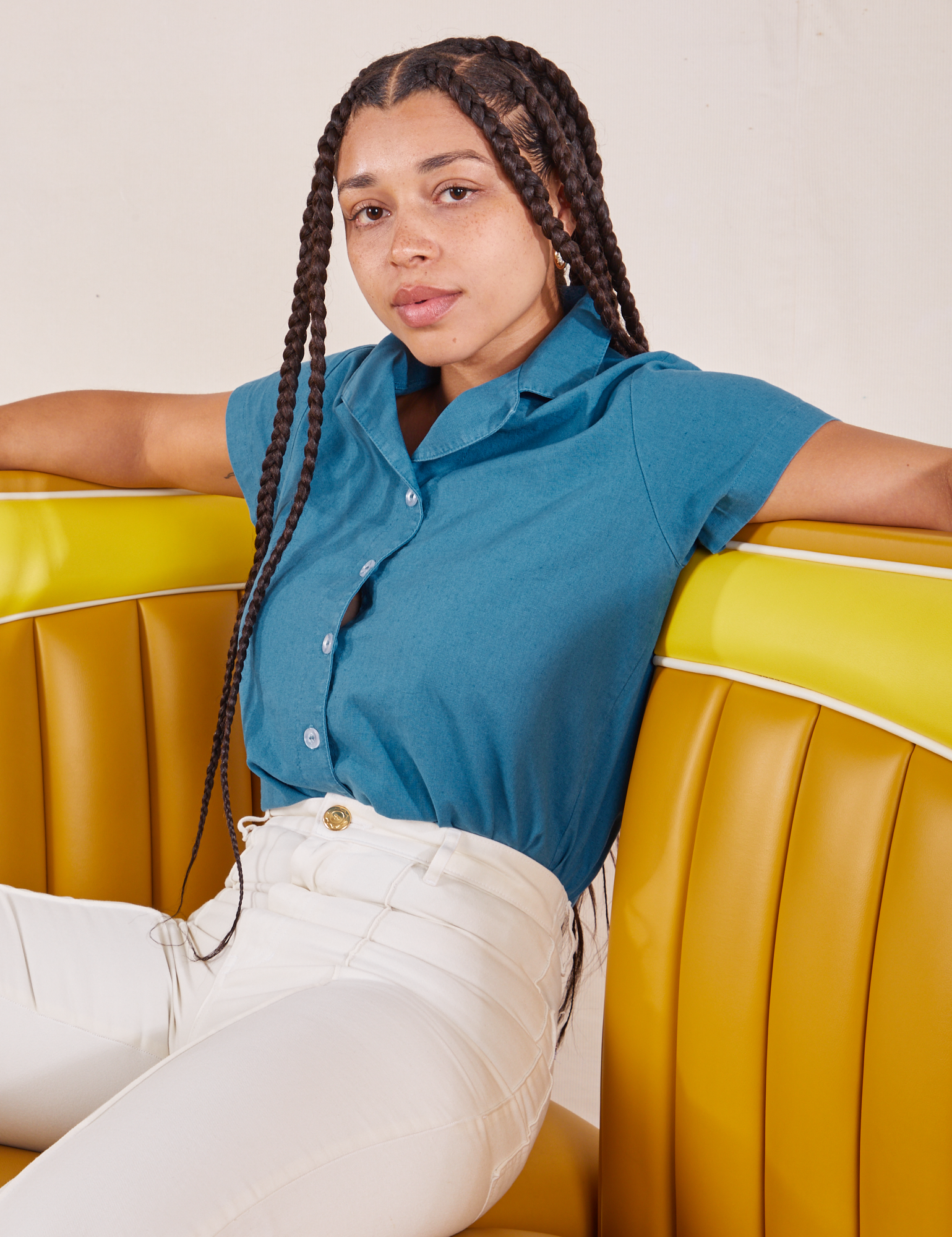 Gabi is wearing size XXS Pantry Button-Up in Marine Blue