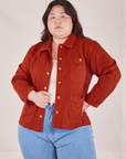 Ashley is 5'7" and wearing L Denim Work Jacket in Paprika