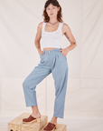 Alex is 5'8" and wearing XXS Heavyweight Trousers in Periwinkle paired with Cropped Tank Top in vintage in off-white 