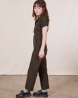 Petite Short Sleeve Jumpsuit in Espresso Brown side view on Hana