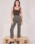 Alex is 5'8" and wearing XXS Railroad Carpenter Jeans in Vintage Tan paired with espresso brown Square Neck Tank