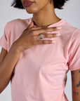 Jr. Varsity Tee in Baby Pink close up on Kira