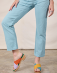 Short Sleeve Jumpsuit in Baby Blue pant leg close up on Alex