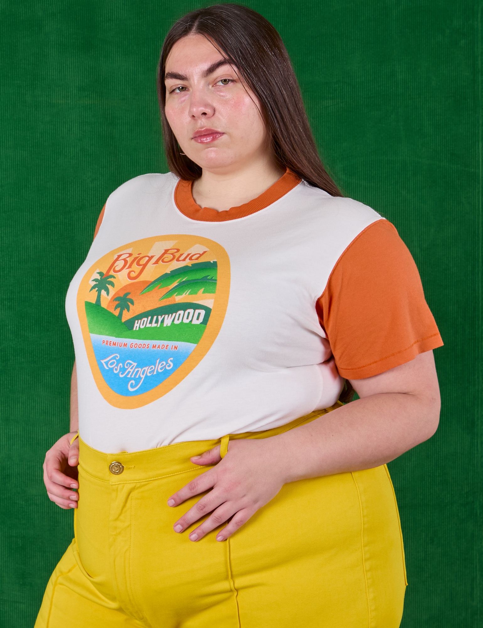 Angled front view on Hollywood Tourist Tee on Marielena