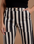 Black Stripe Work Pants in White front close up on Tiara