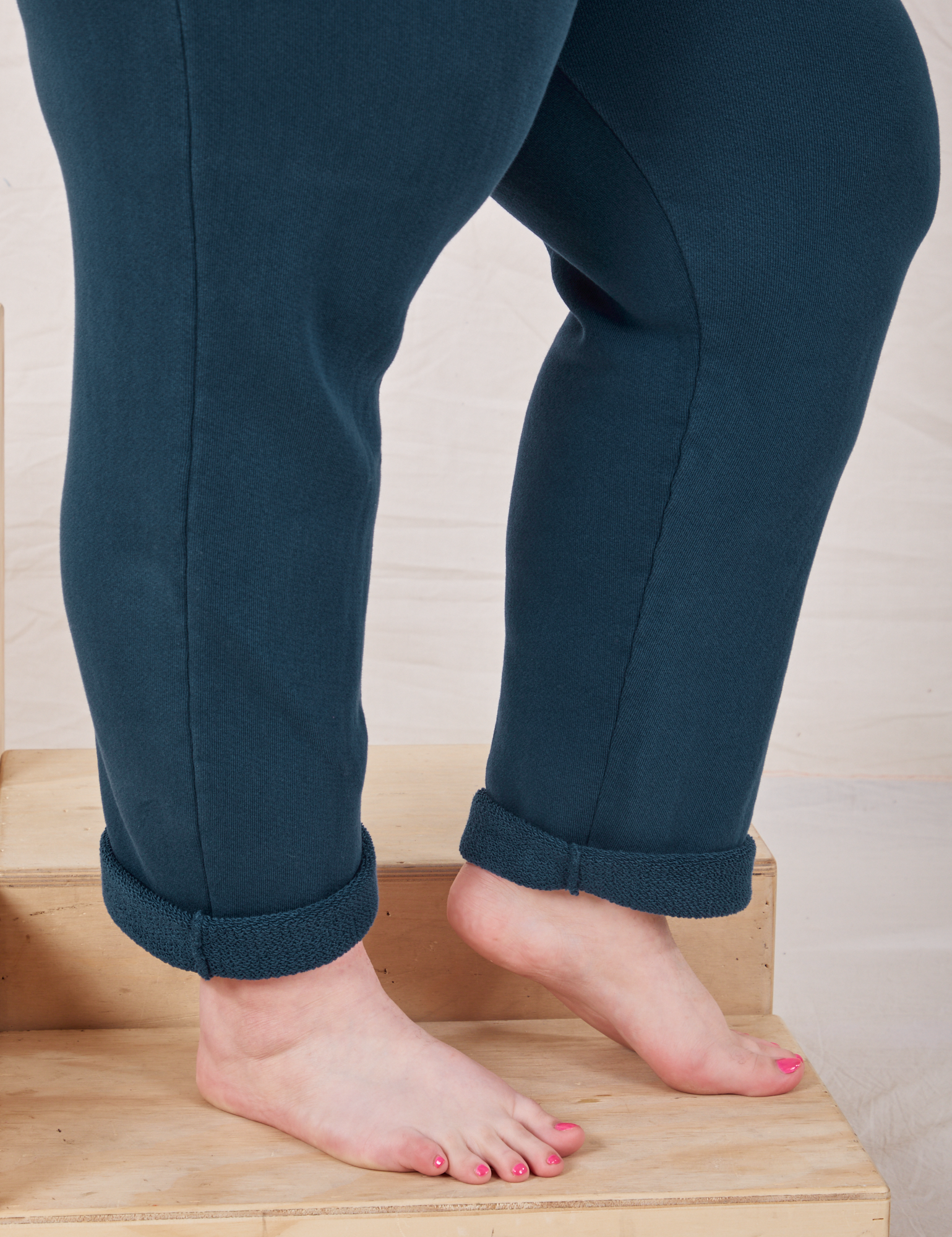 Rolled Cuff Sweat Pants in Lagoon side pant leg close up on Marielena