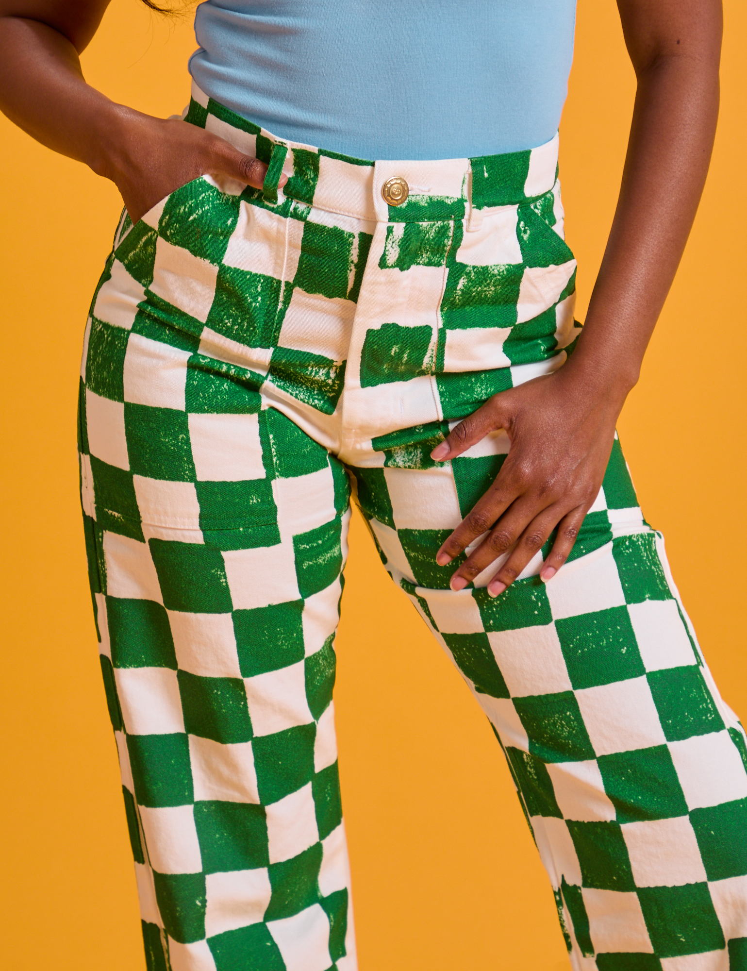 Checkerboard Work Pants in White/Green front close up on Kandia