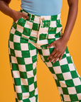 Checkerboard Work Pants in White/Green front close up on Kandia
