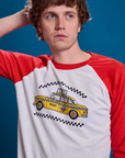Taxi Raglan Tee in NYC front close up on Quinn