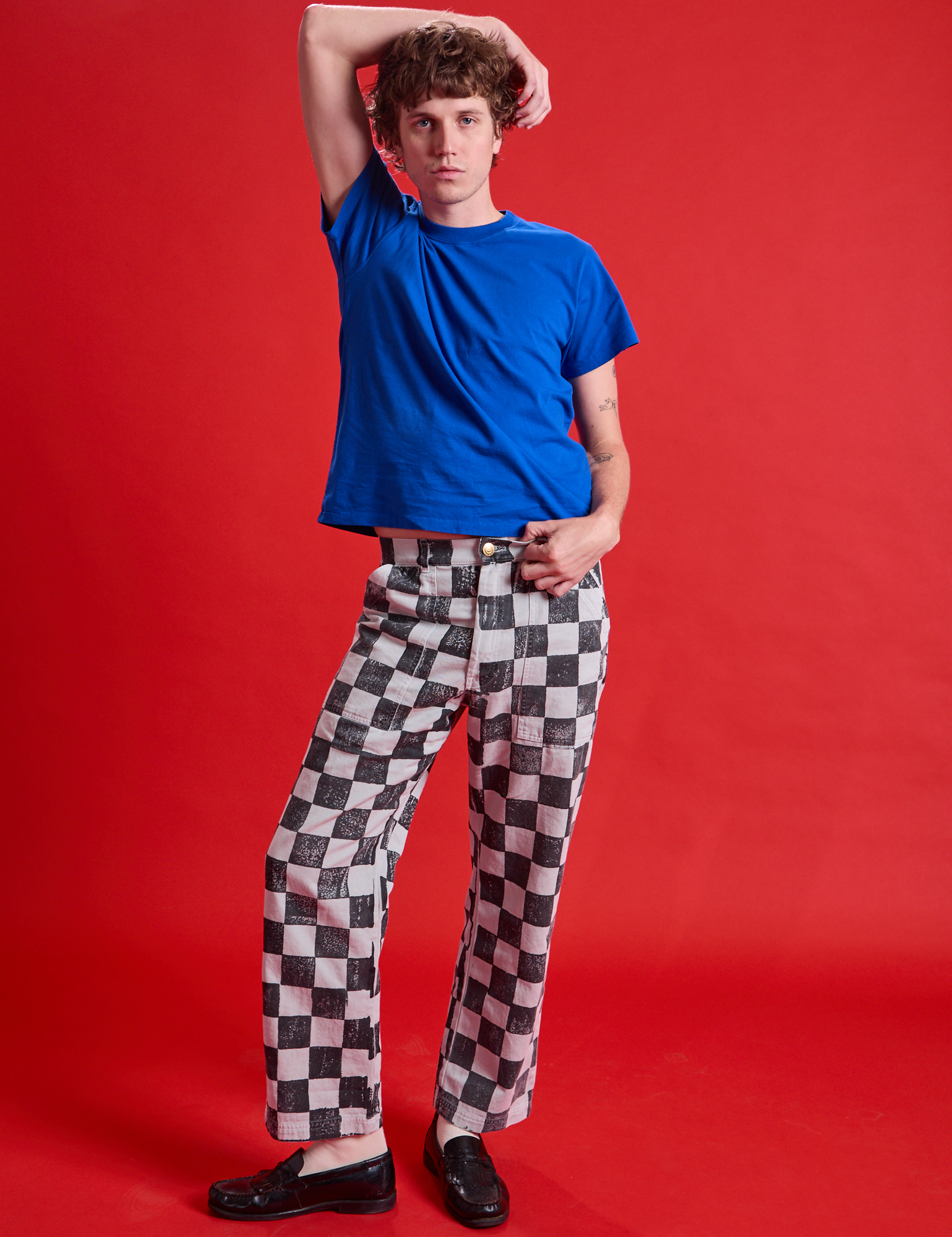 Checkerboard Work Pants in Black/White and royal blue Organic Vintage Tee on Quinn