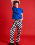 Checkerboard Work Pants in Black/White and royal blue Organic Vintage Tee on Quinn