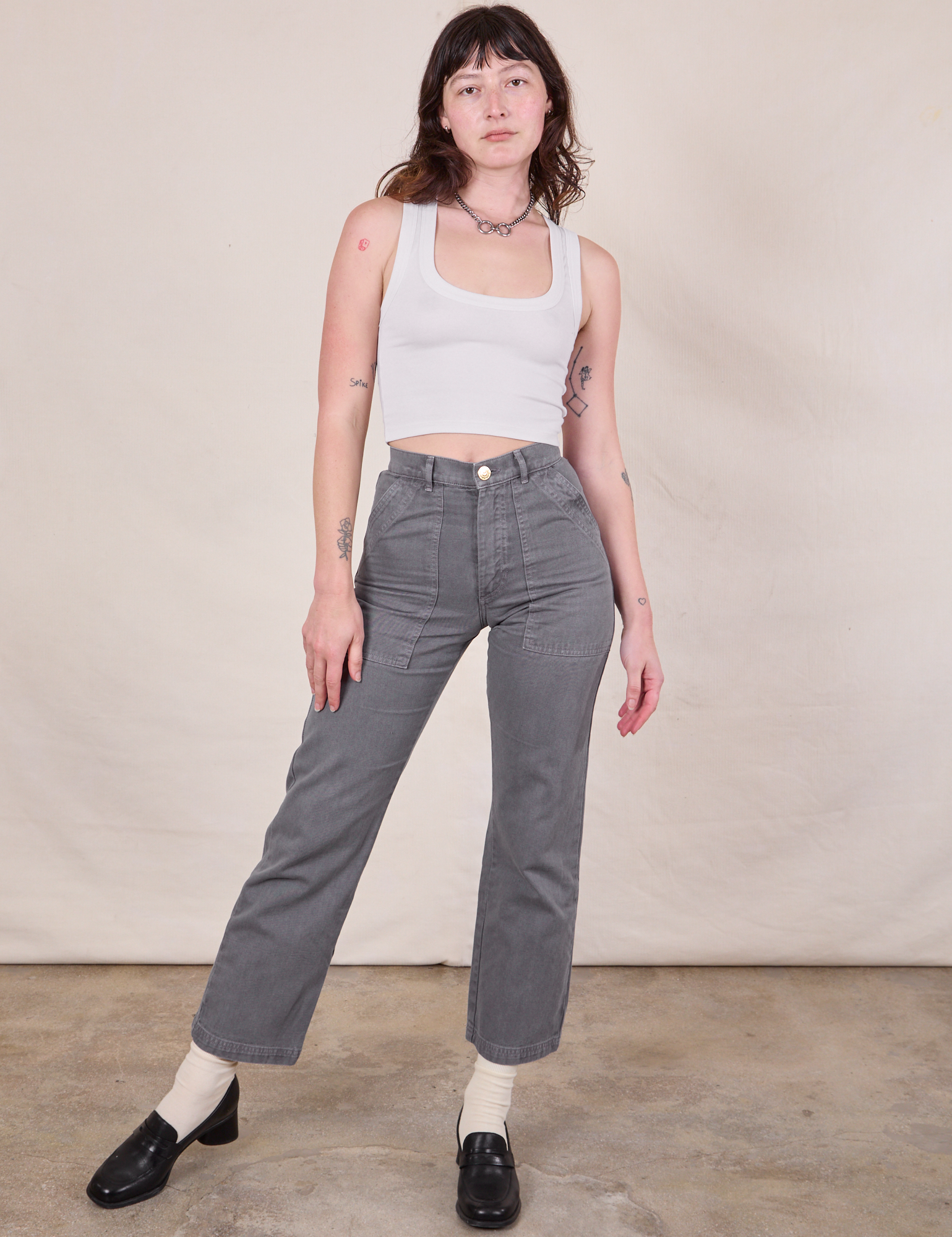 Alex is 5'8" and wearing XXS Work Pants in Washed Grey