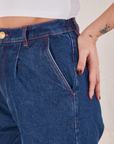 Indigo Wide Leg Trousers in Dark Wash front pocket close up on Betty